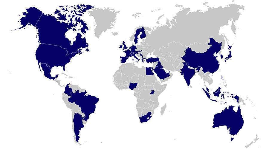 World map with gray continents, some states are colored blue